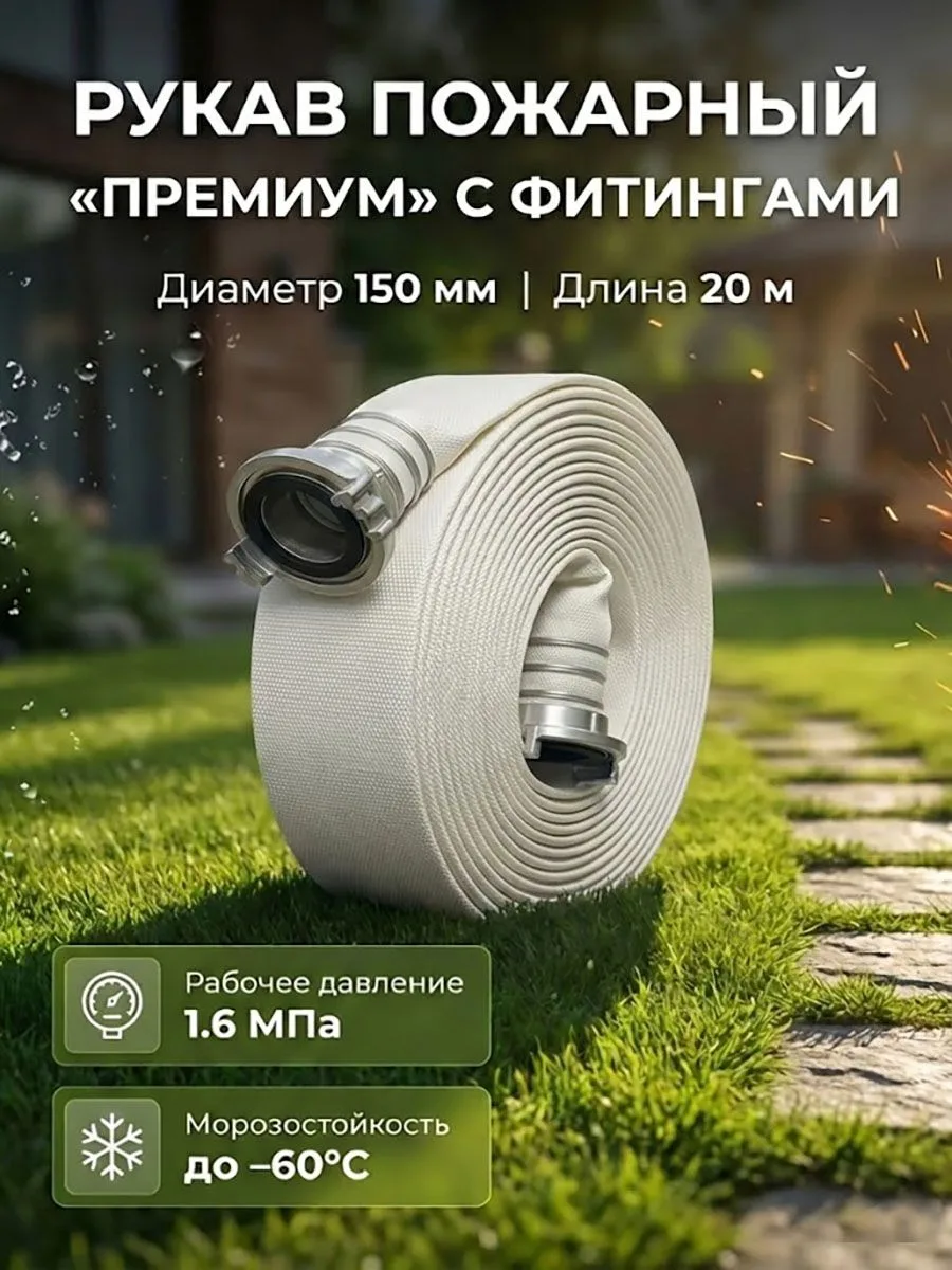 Рукав пожарный напорный 150мм с ГР-150ал "Премиум" с внутренним гидроизоляционным покрытием, износостойкий, морозостойкий 20м